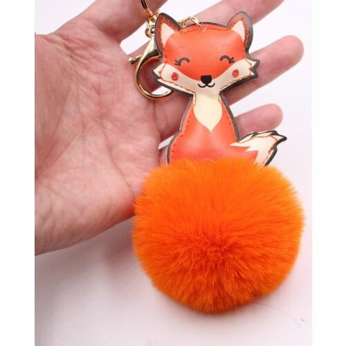 Cute Fox Fur Ball Keychain Handmade Fluffy Pompons Leather Fox Fur Ball Keychain Ladies Bag Accessories Car Key Ring Pendant