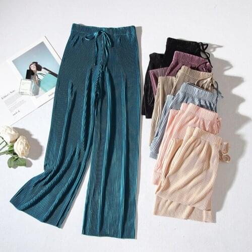 New Summer Women Pleated Trousers Elastic High Waist Chiffon Pants Female Casual Wide Leg Pants Tie Bow Ankle-Length Pants S1478