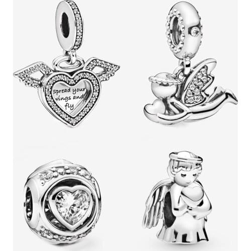 CHAMSS New 925 Sterling Silver High Quality Love Angel Wing Heart-shaped Ball Pendant Diy Original Female Jewelry Gift