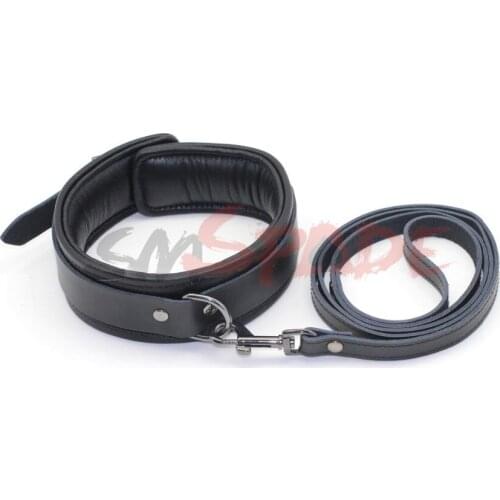 Black Deluxe Leather collar and lead,Luxury leather bondage collar sex products,sex restraints padded collar sex super soft