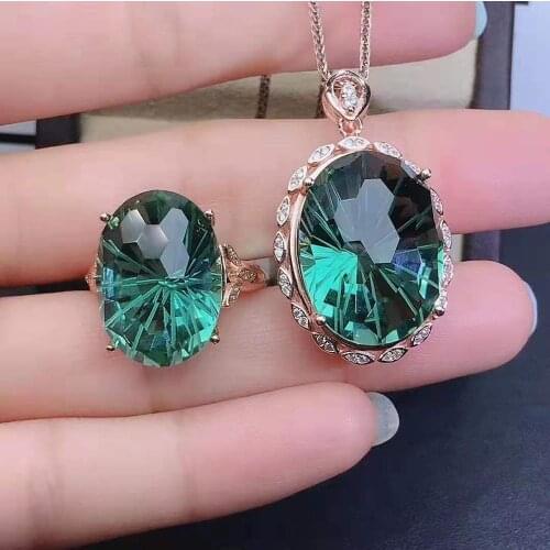 High-quality Large Particle Green Crystal Ring Pendant Necklace Set S925 Sterling Silver Fine Fashion Jewelry for WomenMeibaPJFS