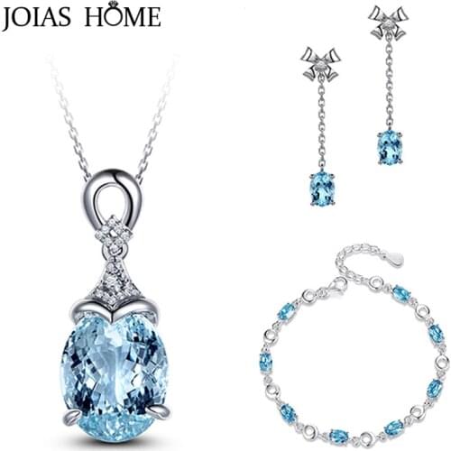 JoiasHome Classic 925 Sterling Silver Women Jewelry Set Blue Color Necklace Earrings Bracelet For Charm Lady Wedding Party Gift