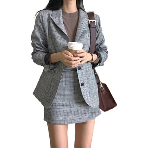 Korea chic blazer coat plaid mini skirt suit women jacket suit office lady jacket high waist skirt 2 piece set women