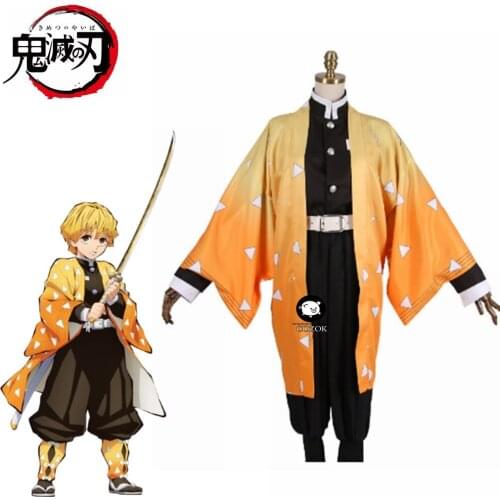 Anime Demon Slayer Agatsuma Zenitsu Cosplay Costumes Kimetsu no Yaiba Men Kimono Halloween Costumes
