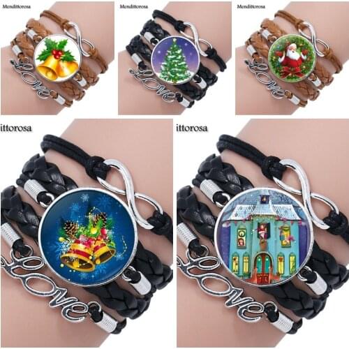 Mendittorosa Harajuku Style Jewelry With Glass Cabochon Multilayer Black/Brown Leather Bracelet Bangle For Women Santa Claus