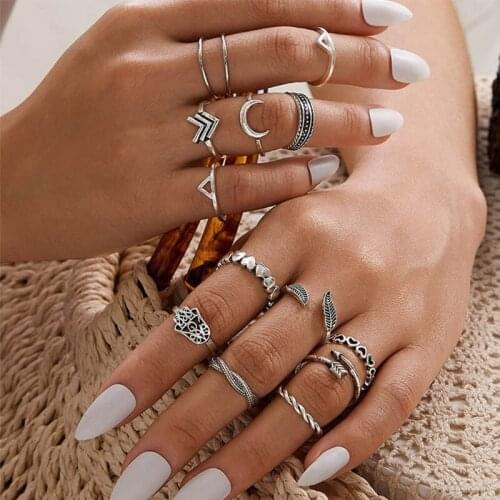 14 Pcs Vintage Alloy Moon Leaf Love Arrow Wave Finger Rings Set Women Bohemian Charm Jewelry Knuckle Ring Gifts