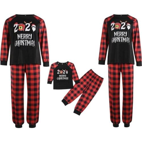 2021 New Christmas Parent-child Outfit Set Letter Printing Plaid Long Sleeve Round Collar Sleepwear for Mother/Father/Children