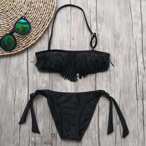 5-14 Years Teenage Girl Bikini Set Kids Black Tassel Big Girl Swimsuit Two Piece Children' Swimwear Girls Bathing Suit Beachwear