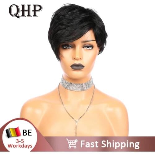 Pixie Cut Straight Short Bob Wigs Natural Black Brazilian Remy Human Hair Wig Full Machine Wig