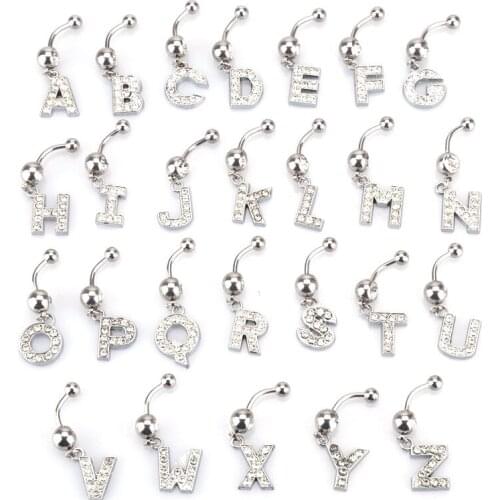 1PC 26 Letter Rhinestone Belly Button Rings for Women Dangle Navel Piercing Surgical Steel Belly Bar Piercing Ombligo Jewelry