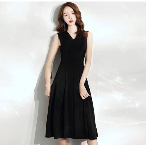 Special Occasion Dresses Vintage V-Neck Sleeveless Luxury Black Knee-length A-Line Zipper Elegant Fashion Women Prom Gown E954