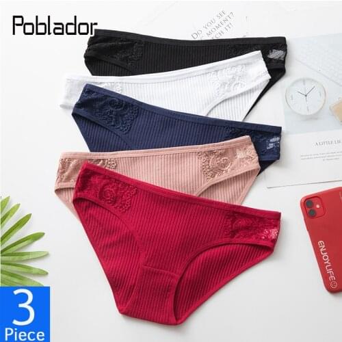 Poblador 3Pcs/lot Sexy Womens Cotton Panties Set Low Waist Solid Women Panty Comfort Lady Lingerie Underwear Seamless Lace Brie