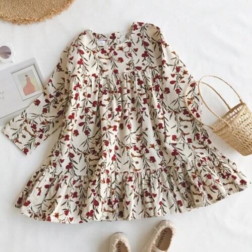 Kids Casual Dress Baby Girls Floral Round Collar Long Sleeve One-Piece A-Line Dress for Summer Autumn Flower Clothing