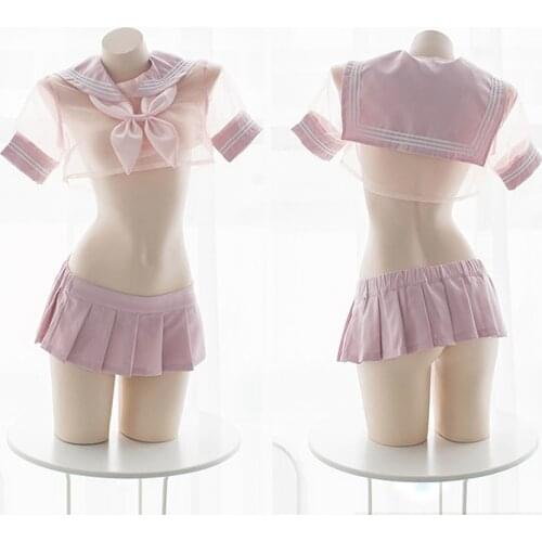 Transparent Pink JK uniform ultrashort Sailor suit Chiffon Pleated skirt Private home Costumes