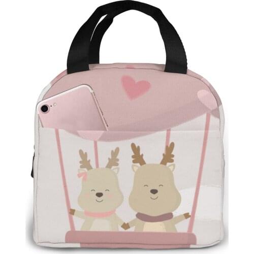 Cute Deer Lover Balloon Lunch Bag Portable Insulated Thermal Cooler Bento Lunch Box Tote Picnic Storage Bag Pouch
