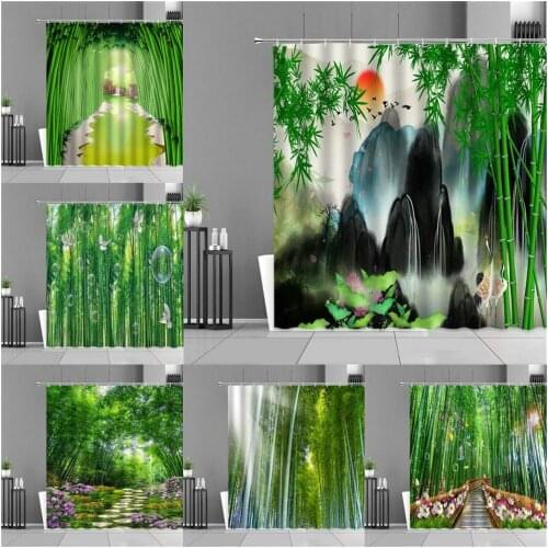 Green Bamboo Forest Landscape Shower Curtain Natural Scenery Bath Curtains Waterproof Bathroom Decor Screen Wall Cloth Polyester