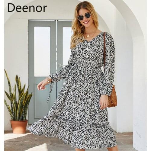 Deenor Women 2021 Spring Summer Fashion Long Sleeve V-neck Daisy Floral Print Elegant A-line Long Dress Beach Party Women Dress