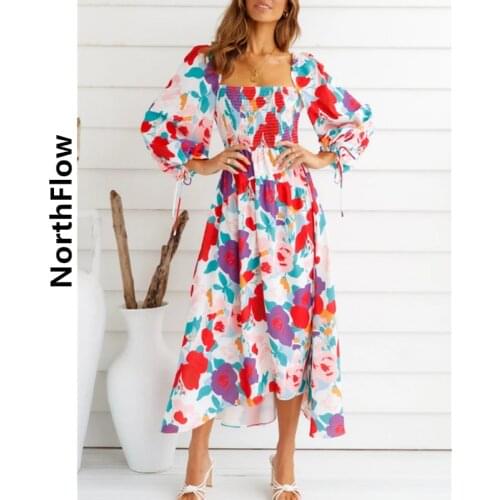 Northflow Women Dress Print Floral Slash neck Puff Sleeve Draped Midi De Fiesta Party Dress Vestidos Robe Femme