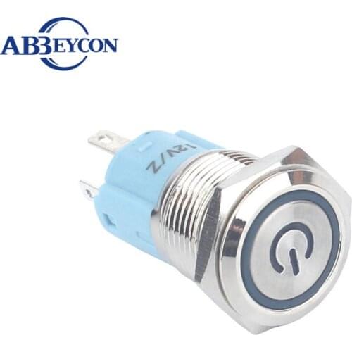 16mm Momentary Power Ring Led Light 1NO1NC Metal Shell Switch 12V Blue Led Pin Terminal Flat Electrical Push Button Switch