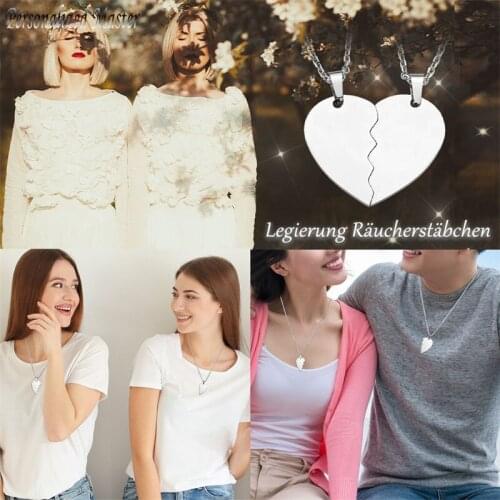 Free Engraving - Personalized Custom Text Stainless Steel Peach Heart Puzzle Couple Pendant Necklace Set for Lover family Gift