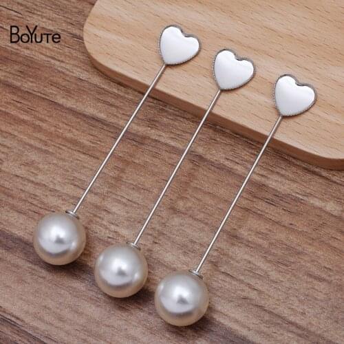 BoYuTe (30 Pieces/Lot) 12MM Heart Cabochon Base Blank Lapel Pin with Pearl Stopper Diy Handmade Brooch Pins Accessories