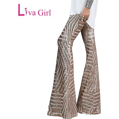 LIVA GIRL Black/Apricot Sequin Trousers Women Sequin Wide Leg Pants Female Hight Waist Flared Pant Disco Dance Woman Long Pants