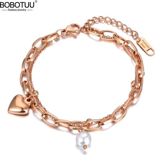 BOBOTUU 316L Stainless Steel White Pearl Chain & Link Bracelets For Women Double Layer Bohemia Heart Charm Bracelet BB20167