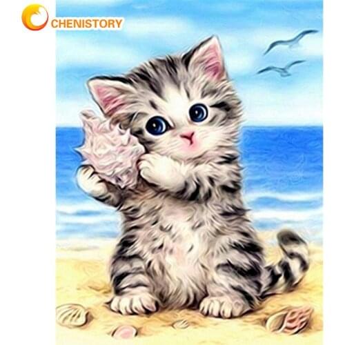 CHENISTORY Framed Painting By Numbers Kits For Adults Little Cats On Beach Animal Paint By Number Hand Painted 60x75cm Art Craft