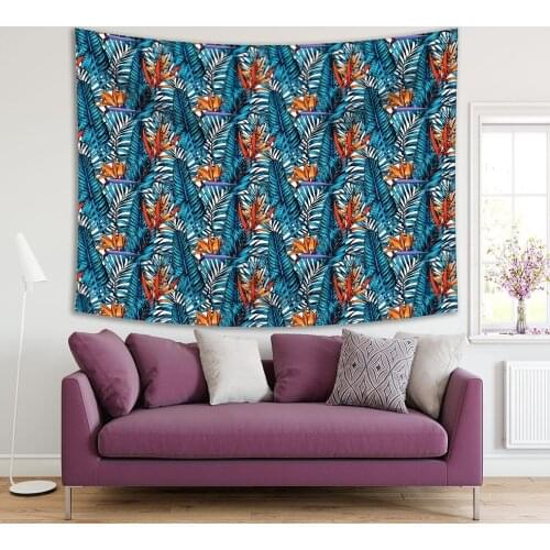 Tapestry Palm Tree Tropical Leaves Illustration Bright Colored Modern Artwork in Orange Blue Printed