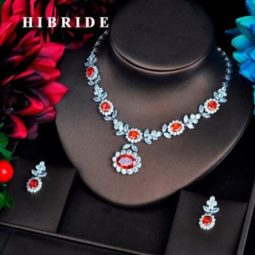 HIBRIDE Fashion Red CZ Jewelry Sets For Women Necklace Set Bijoux Femme Accessories Flower DesignJewelry Gifts N-572