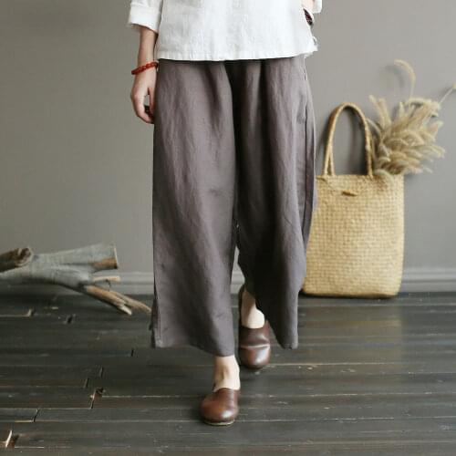 Johnature New Vintage Cotton Linen Loose Long Pants 2021 Summer Solid Color Elasitc Mid Waist Women Wide Leg Full Length Pants