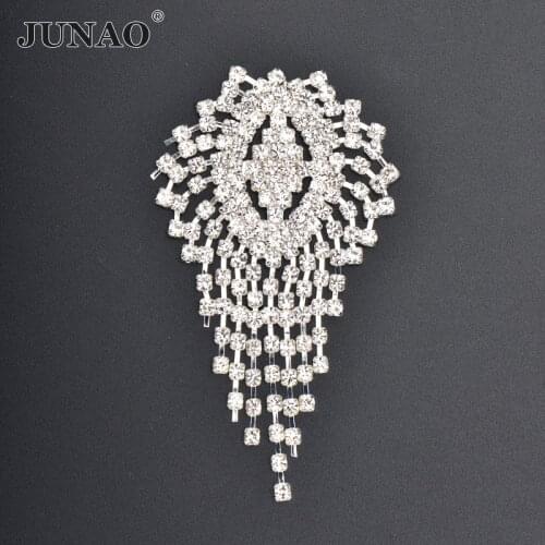 JUNAO 45X75mm Silver Glass Rhinestone Applique Flatback Flower Strass Crystal with Fringe Sewing Metal Trim for Garment Jewelry