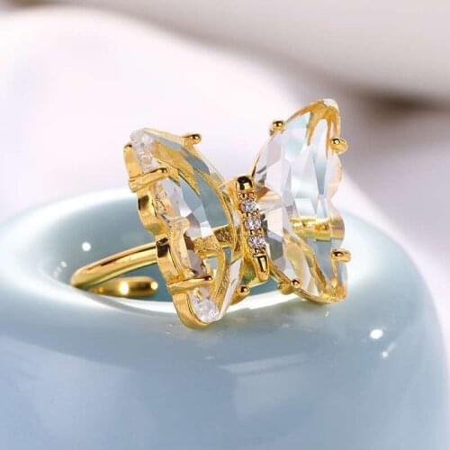 Transparent Glass Women Ring Colorful Clear Crystal Open Butterfly Ring Simple Banquet Wedding Finger Adjustable Ring for Women