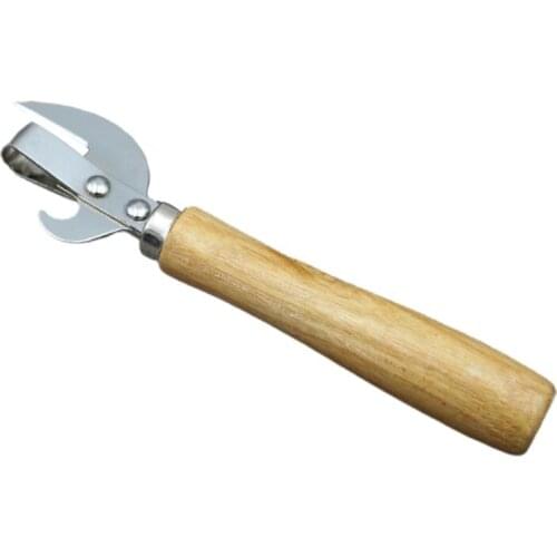 Wooden Handle Manual Can Opener Stainless Steel Canned Knife Tin Can Beer Bottle P15D
