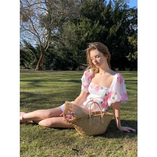 Women Puff Sleeve Floral Dress 2021 Summer Ladies Short Sleeve V Neck Split Dress French Style Vintage Dresses Female