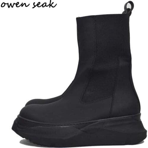 Owen Seak Men Leather Chelsea Boots Luxury Trainers Casual Women Shoes Height Increasing High-TOP Flats Black Autumn Sneakers