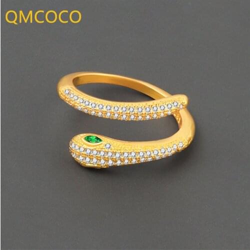 QMCOCO 2021 New 925 Silver Zircon Snake Ring Trendy Simple Temperament Personality Design Open Adjustable Ring Woman Jewelry