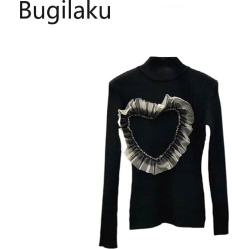 Bugilaku Autumn New Gauze Patchwork Stretch Pullover Half Turtleneck Long Sleeve Knitted Sweater Jumpers Korean Fashion Chic Top