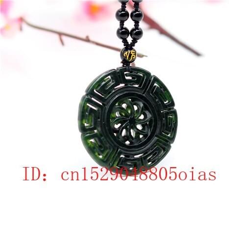 Natural Black Chinese Jade Flower Pendant Necklace Obsidian Charm Jewelry Double-sided Carved Amulet Gifts for Men Women