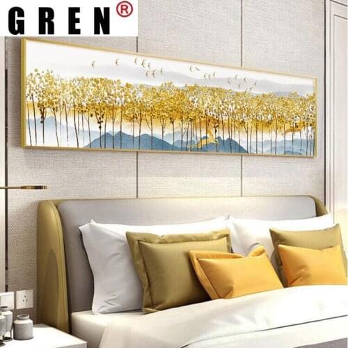 GERN Abstract Golden Forest Painting Bird Landscape Posters Simple Nordic Retro Wall Art Prints for Living Bedroom Home Decor