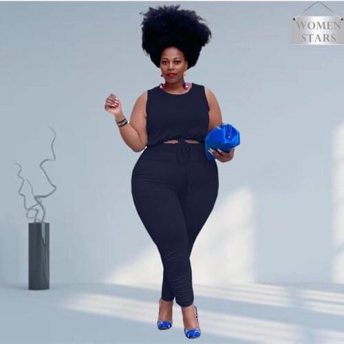 Casual Sports Style Plus Size Womens Clothing Two Piece Set Vest Trousers Solid Color Round Neck Mid Waist Straight Loose