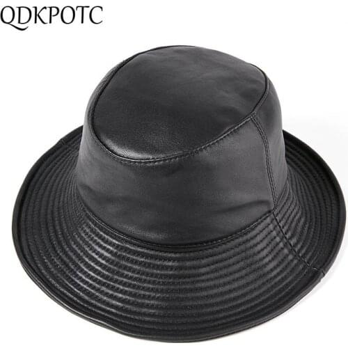 QDKPOTC 2020 Spring Autumn New Men Women High Grade Sheepskin Fedoras Fashion Retro Black Bucket Cap Unisex Leather Leisure Hat