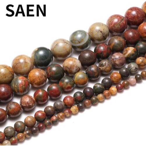 SAEN Natural Stone Colorful Picasso Round Loose Beads 15" Strand 4 6 8 10 12 MM Pick Size For Jewelry Making Wholesale lots bulk