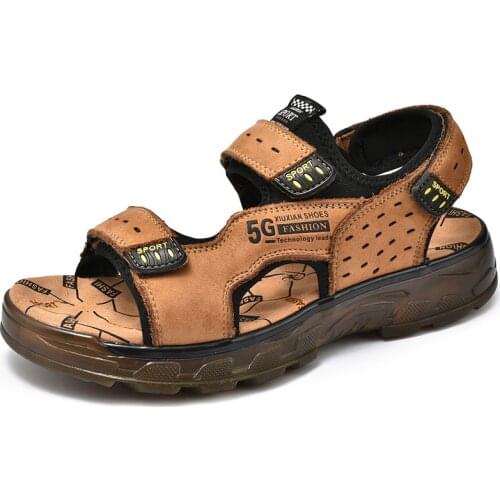 Summer Genuine Leather Open Toe Quality Mens Sandals Outdoor Fashion Beach Shoes TPR Thick Sole Velcro Platform Sandals for Men