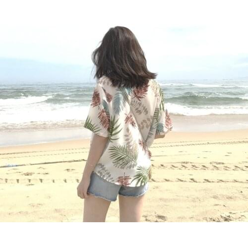 Chiffon Hawaiian Leaf Print Floral Short Sleeve Shirts New Chiffon Womens Casual One Size Blouses Female Ladies Summer Loose Top
