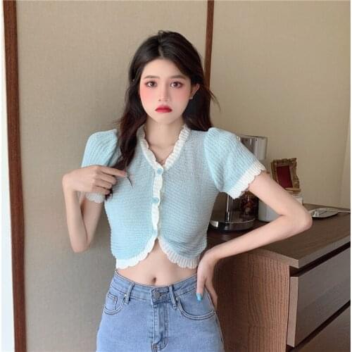 Student Cardigan V-neck Short-sleeved Sweater Womens Summer New Korean Style Slim All-match Short Top