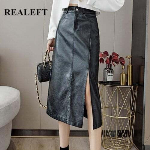 REALEFT 2021 New Winter PU Leather Skirts for Women Fashionable High Waist Side Split Midi Length Black A-line Skirts Female