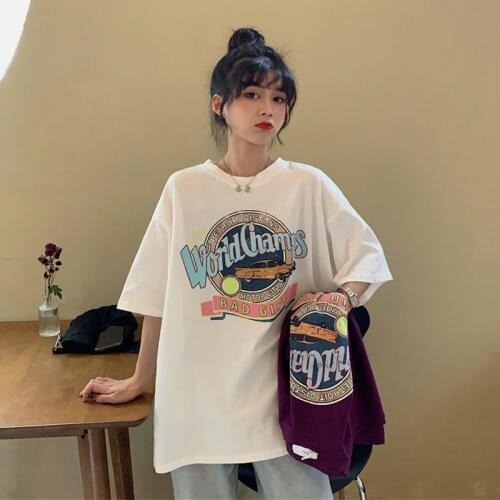 Summer New White T-Shirt Womens Pure Cotton 2021 Korean Loose Letter Printing Short Sleeve Tee Shirt Upper Clothes Ins Tide