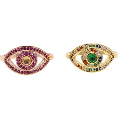 2019 high quality AAA rainbow colorful cz paved eye evil ring for women us size 6 7 8 cute lovely turkish eye lucky gold ring