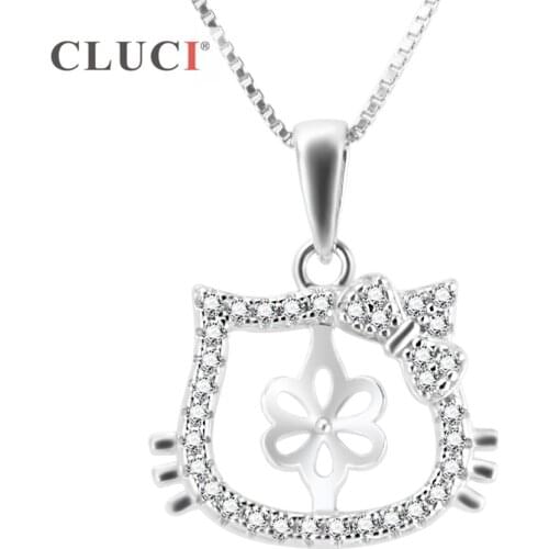 CLUCI lovely cat 925 Sterling Silver pendant mounting with 36pcs rhinestones for women/kid pearl necklace making SP227SB